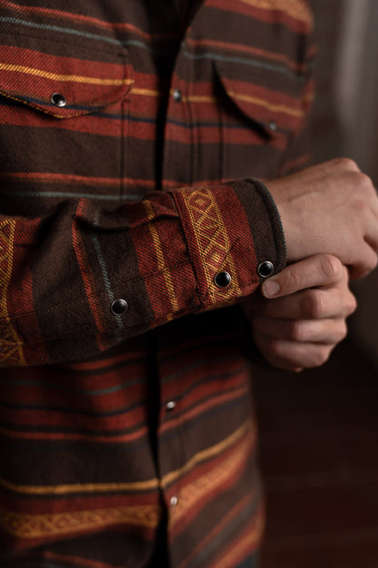 Close-up of a person adjusting the cuff of a brown and red plaid flannel shirt with metal buttons, highlighting the pattern.