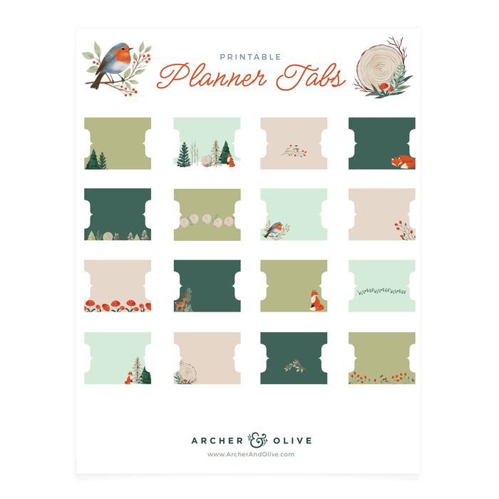 Fox in Winter Woods Printable Planner Tabs - Archer and Olive