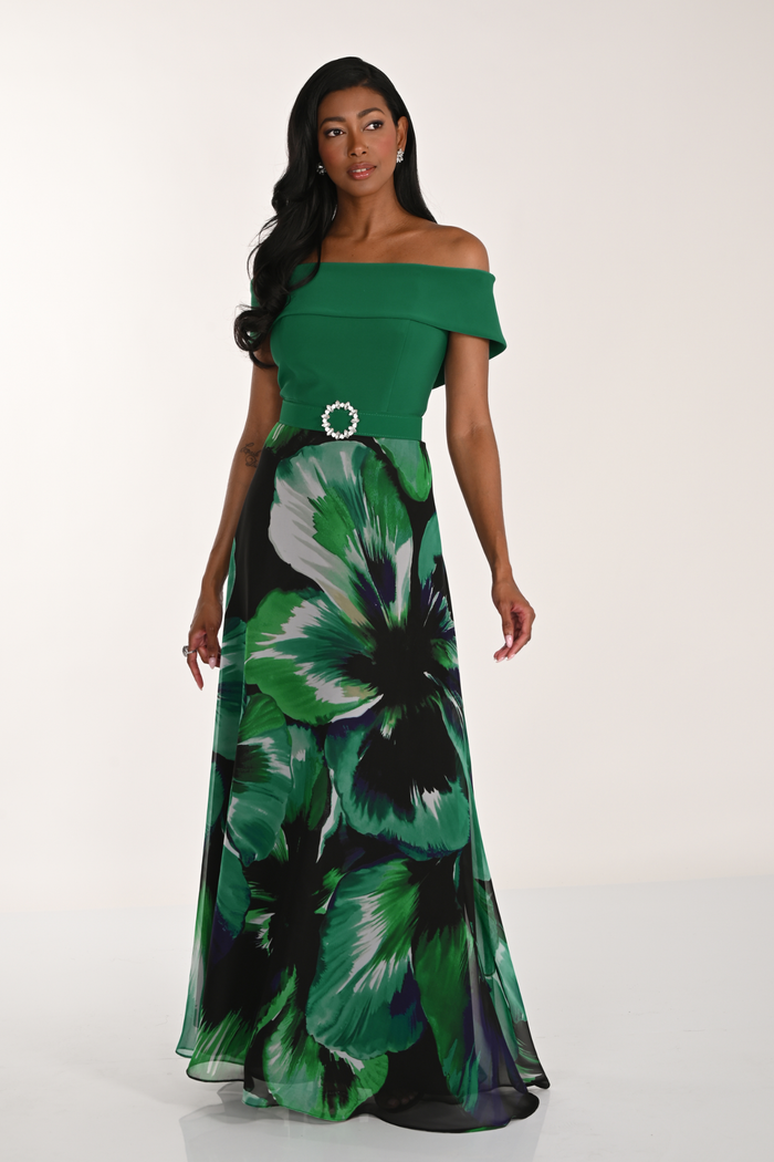 Frank Lyman 268266 green floral evening dress – off-the-shoulder bodice and flowing skirt – Dotique