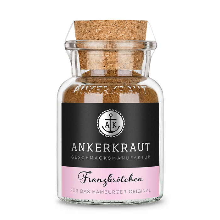 Ankerkraut Franzbrötchen Gewürz im Korkenglas auf weißem Hintergrund.