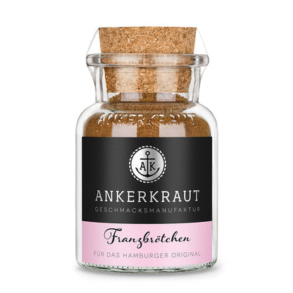 Ankerkraut Franzbrötchen Gewürz im Korkenglas auf weißem Hintergrund.