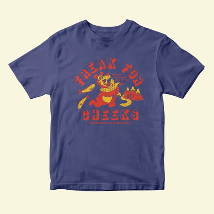 Blue t-shirt with red and yellow graphic design on a beige background