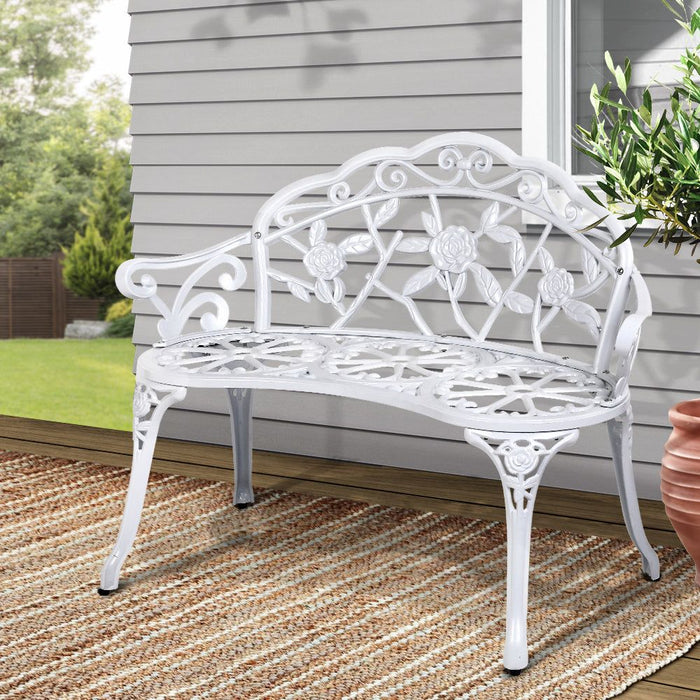 Gardeon Outdoor Garden Bench Seat 100cm Cast Aluminium Outdoor Patio Chair Vintage White -Home Living Store - -