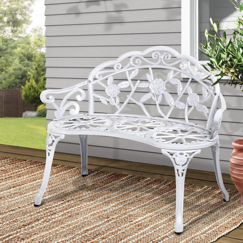 Gardeon Outdoor Garden Bench Seat 100cm Cast Aluminium Outdoor Patio Chair Vintage White -Home Living Store - -