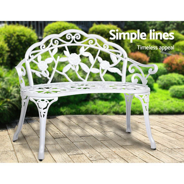 Gardeon Outdoor Garden Bench Seat 100cm Cast Aluminium Outdoor Patio Chair Vintage White -Home Living Store - -