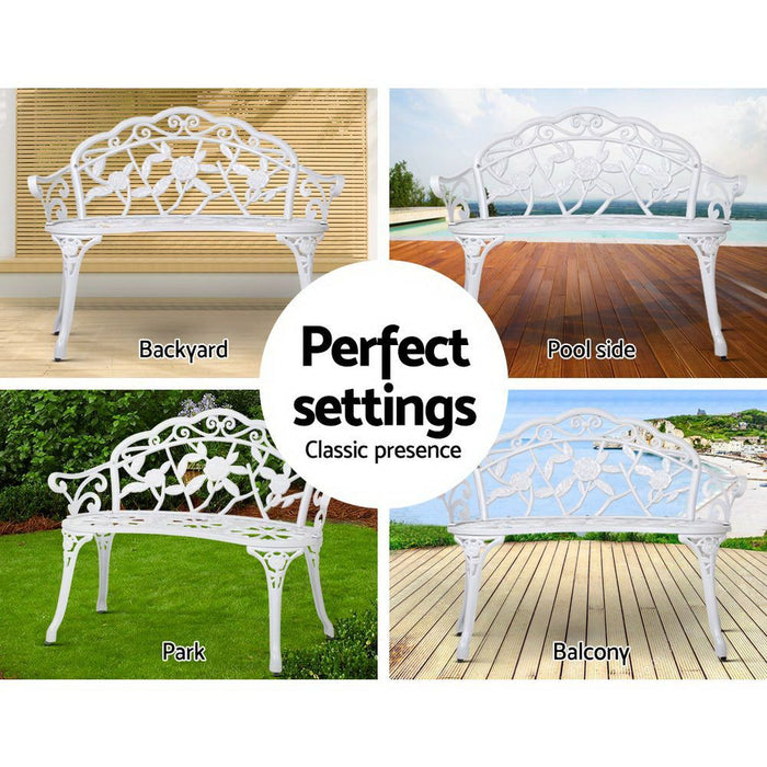 Gardeon Outdoor Garden Bench Seat 100cm Cast Aluminium Outdoor Patio Chair Vintage White -Home Living Store - -