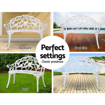 Gardeon Outdoor Garden Bench Seat 100cm Cast Aluminium Outdoor Patio Chair Vintage White -Home Living Store - -