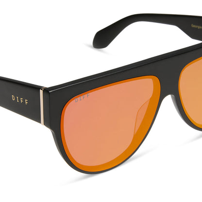 diff eyewear featuring the georgie square oversized sunglasses with a matte black frame and red hot summer mirrored lenses detailed view
