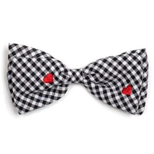 THE WORTHY DOG Bow Ties Gingham Blk/Wht Red Hearts Bow Tie Pet Collar Attachment