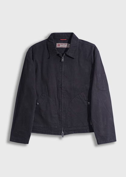 Dark blue jacket with a collar and front zipper, featuring two front pockets. Simple, classic design on a plain background.