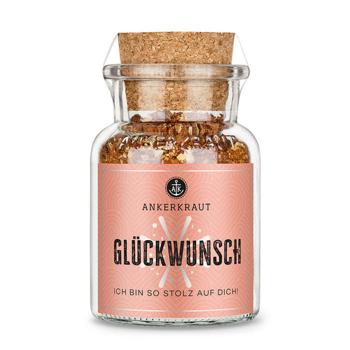 Korkenglas mit Glückwunsch Etikett