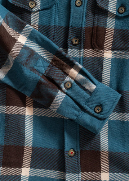 Close-up of a blue and brown plaid flannel shirt with buttoned cuffs and pockets, showcasing its detailed pattern and texture.
