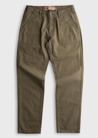 Olive green pants with front pockets and button closure, laid flat on a white background. Iron & Resin label visible inside.