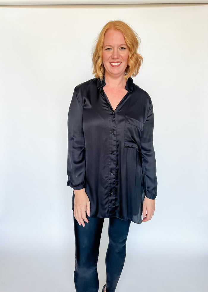 Highly Favored Long Satin Shirt - Black