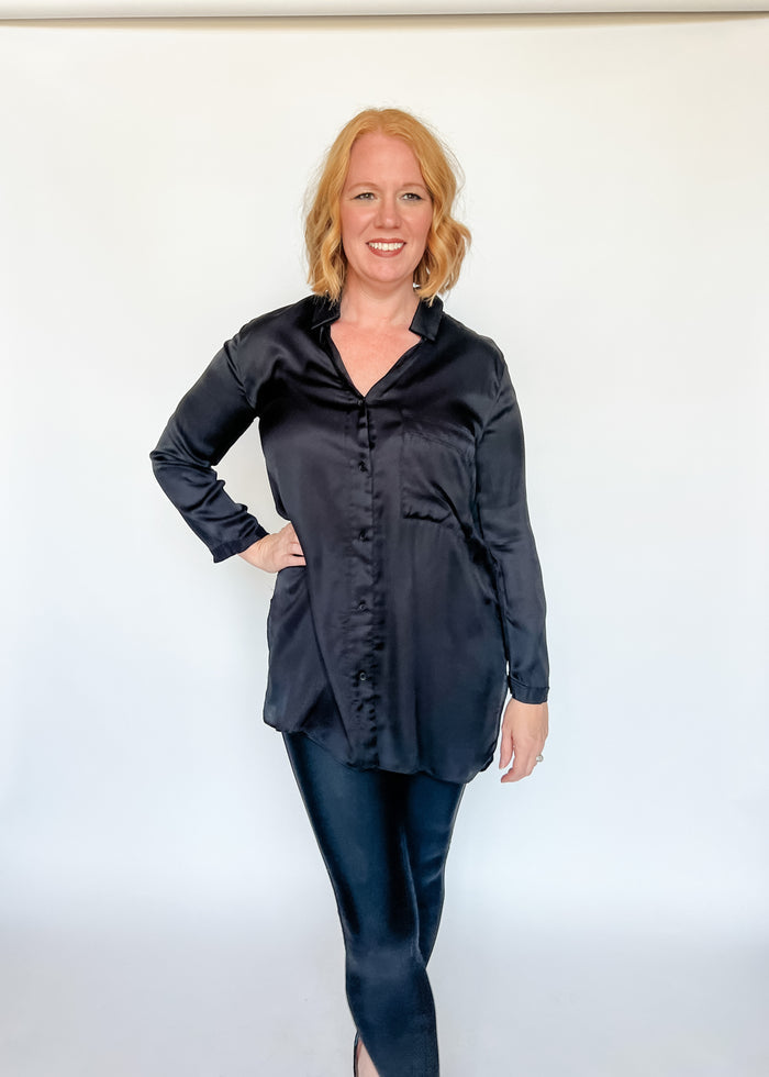 Highly Favored Long Satin Shirt - Black