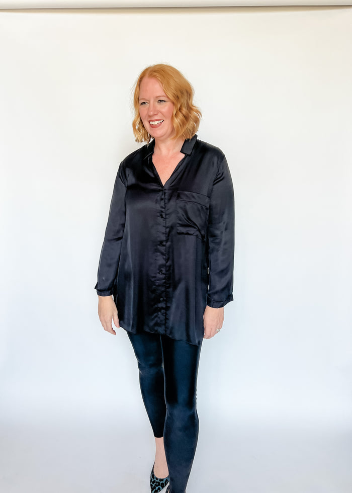 Highly Favored Long Satin Shirt - Black