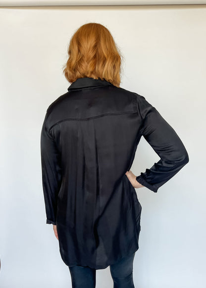 Highly Favored Long Satin Shirt - Black