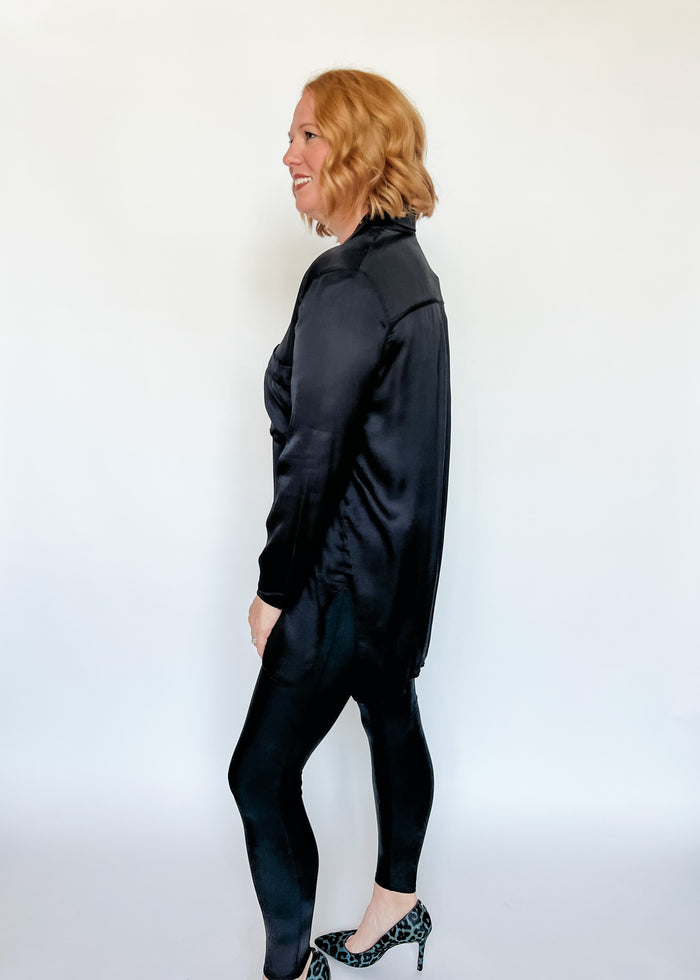 Highly Favored Long Satin Shirt - Black