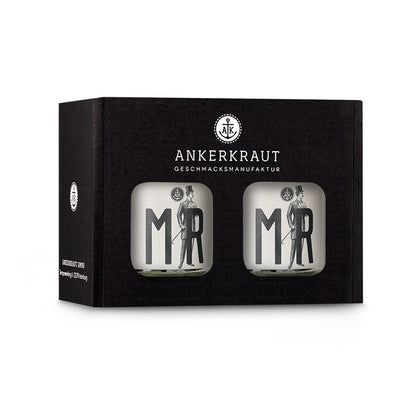 Geschenkbox zur Hochzeit mit zwei Mr. Korkengläsern im schwarzen Ankerkrautkarton.