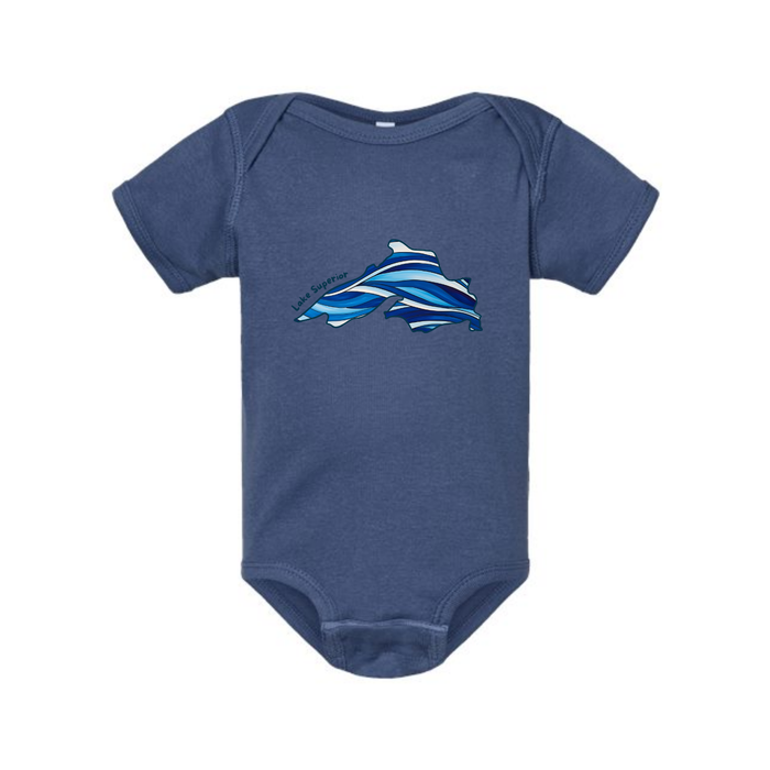 AdventureUs Lake Superior graphic in indigo ombre waves on a blue baby bodysuit.