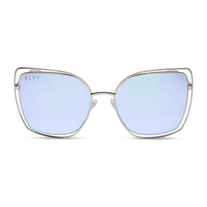 diff eyewear featuring the jacqueline square sunglasses with a silver thistle temple tips frame and lavender mirror lenses front view