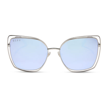 diff eyewear featuring the jacqueline square sunglasses with a silver thistle temple tips frame and lavender mirror lenses front view