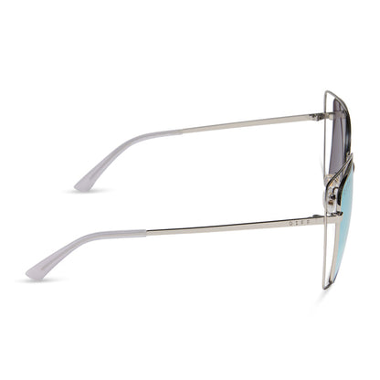 diff eyewear featuring the jacqueline square sunglasses with a silver thistle temple tips frame and lavender mirror lenses side view