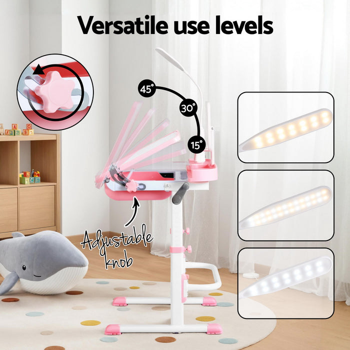 Keezi Kids Table and Chair Set Adjustable Study Desk w/ LED Lamp Reading Pink