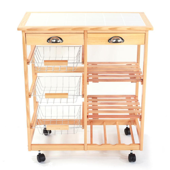 Kitchen &amp; Dining Room Cart 2-Drawer Removable Storage Rack with Rolling Wheels Wood Color