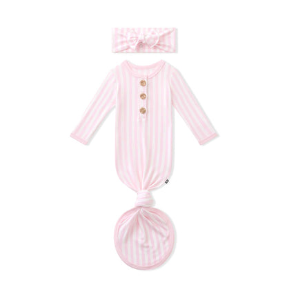 Product photo of the Knotted Gown with Bow Set in Small Sakura Stripe on a white background