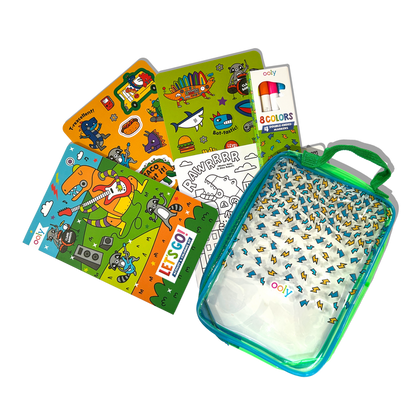Carrying case and contents of OOLY Robo Dinos Let’s Go! Activity & Coloring Kit on a white background