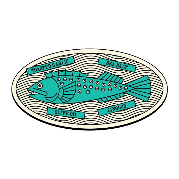 Teal fish illustration on a white background with text labels