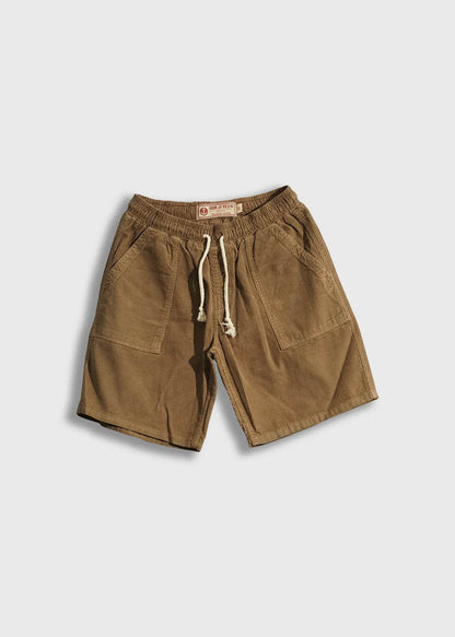 Men’s 14 wale corduroy shorts with garment dyed and triple washed finish, elastic waistband with drawstring and patch pockets, durable workwear inspired short with relaxed fit and 9 inch inseam