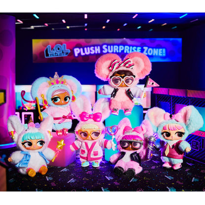 Group of six colorful LOL Surprise plush toys in front of a 'LOL Plush Surprise Zone' sign.