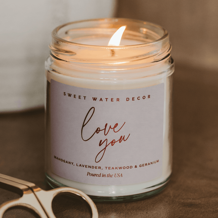 Love You Soy Patterned Candle - Clear Jar - 9 oz - Sweet Water Decor - Candles