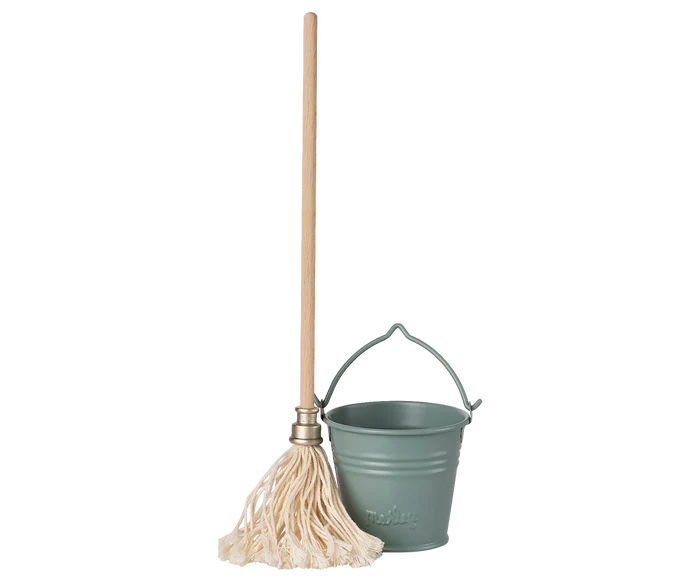 Maileg Bucket & Mop, Miniature, Light Blue