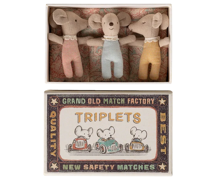 Maileg Triplets, Baby Mice in Matchbox, Checker