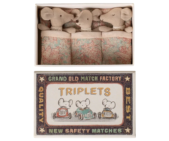 Maileg Triplets, Baby Mice in Matchbox, Checker