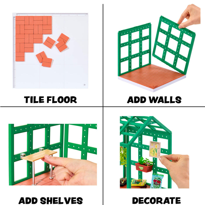 Step-by-step assembly of a small building model with tiles, walls, shelves, and decorations.