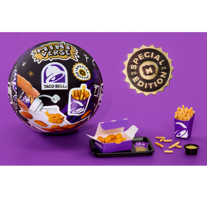 Taco Bell Special Edition ball with packaging and food items on a purple background