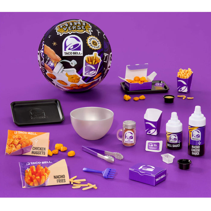 Taco Bell product set including ball, bowls, cups, and various items on a purple background