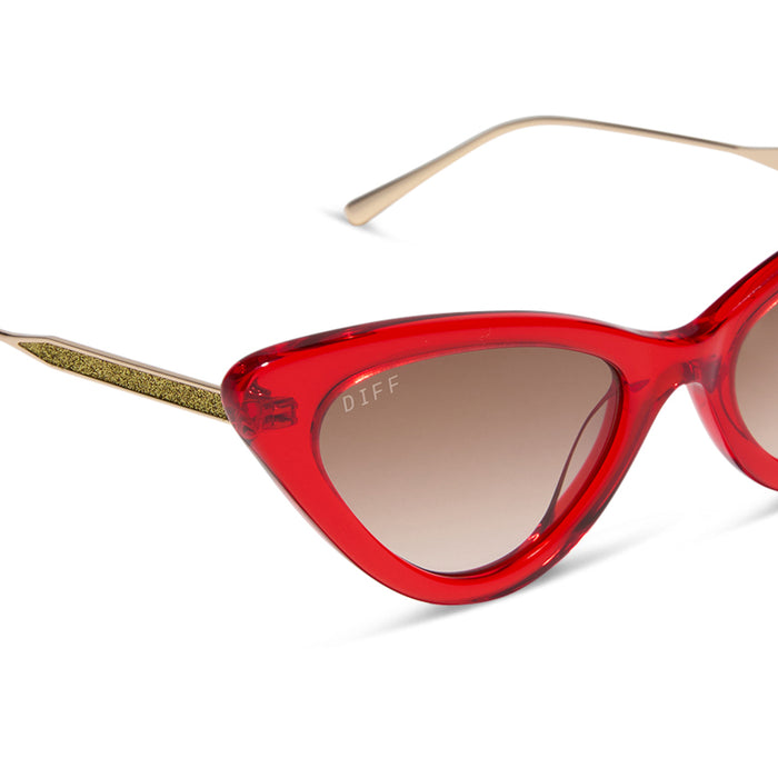 emily in paris x diff eyewear featuring the mindy 3.0 cateye sunglasses with a rouge vogue red frame and brown gradient lenses detailed view