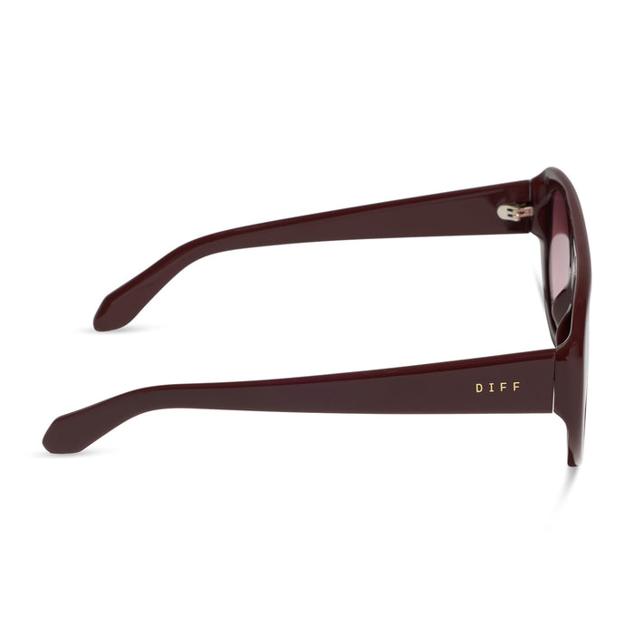 diff eyewear featuring the morgan oversized navigator sunglasses with a rugby red acetate frame and burgundy gradient lenses side view