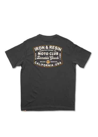 Black T-shirt with "Iron & Resin Moto Club" and "Durable Goods" text in white, highlighting California, USA origins.