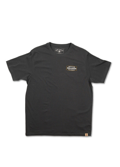 Black t-shirt with "Moto Club Iron & Resin California" logo on chest, displayed on a white background. Simple and stylish design.