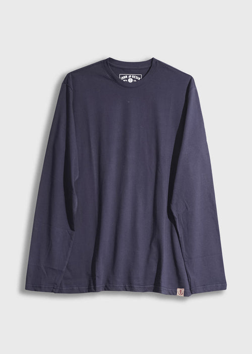 Navy blue long-sleeve shirt with a crew neck, displayed on a white background. Simple design, casual style.
