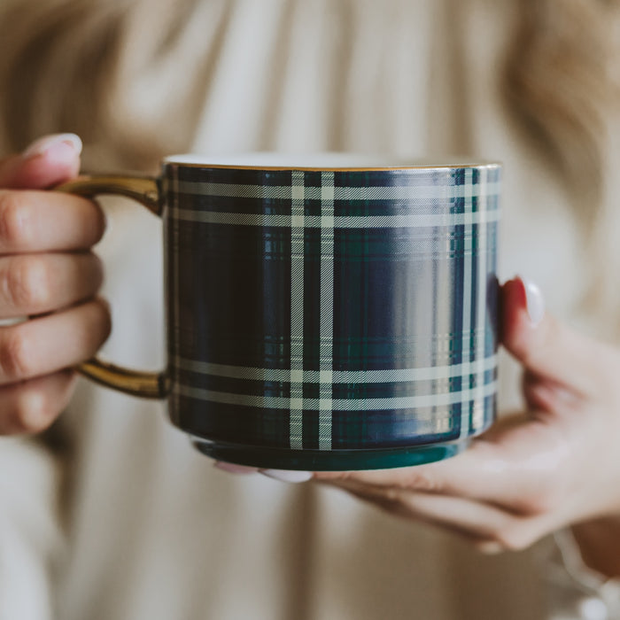Navy Plaid 14 oz Gold Handle Coffee Mug - Sweet Water Decor - Coffee Mugs