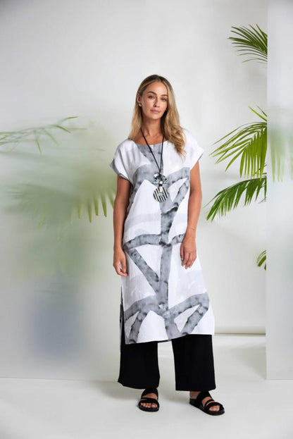Model wearing Naya NAS26313 Marbled Ribbon Print Round Neck Dress – White & Grey by Naya Shop the Naya collection at Dotique