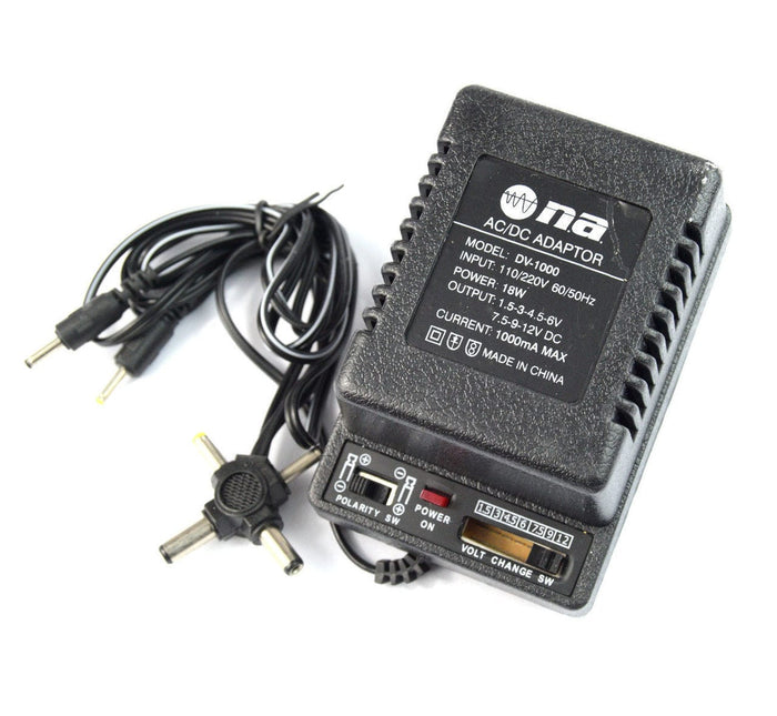 Nippon Universal AC/DC Adapter 1000mA Univeral AC/DC Adapter With 6 Tips From 1.5V To 12VDC .The universal 100 mA AC-DC adapter comes with 6 plugs-DV-1000 Hannah's Variety Store