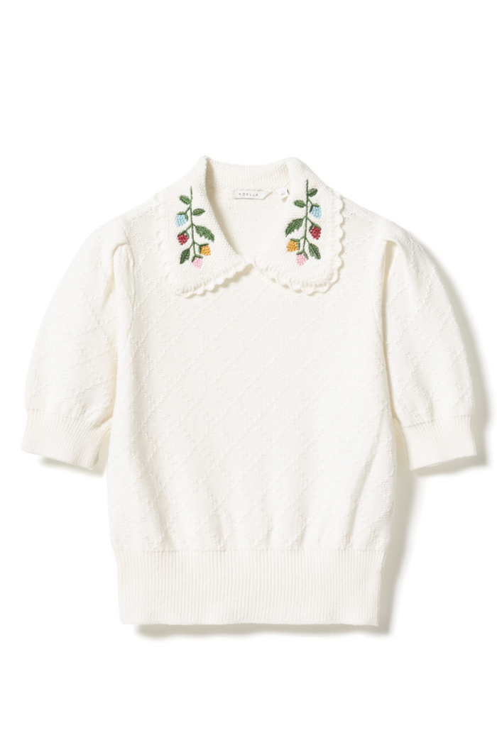Noella 15010001 N-Madeleine Knit Ivory with embroidered collar, short sleeves and textured cotton knit at Dotique